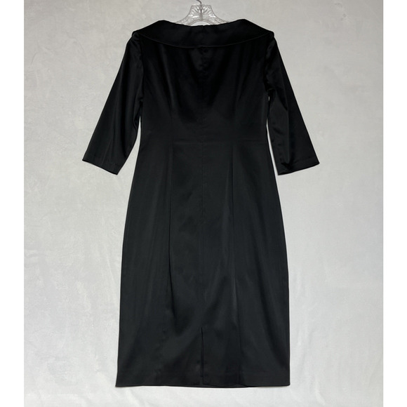 Kay Unger Sheath Dress 4 Black Satin V Neck Shawl Collar Ruched Cocktail Formal - Picture 2 of 14
